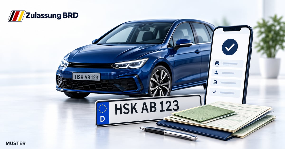 Online Fahrzeugzulassung in Hochsauerlandkreis: Musterkennzeichen HSK AB 123, Auto und Fahrzeugpapiere und Smartphone. Illustration mit Logo von Zulassung BRD.